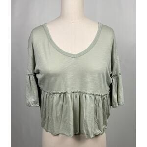 Sage Green Peplum Ruffle Sleeve Top V Neck Modal Cotton Blouse M Boho Feminine‎